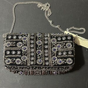 Made in India purple and silver beaded black clutch with silver crossbody strap